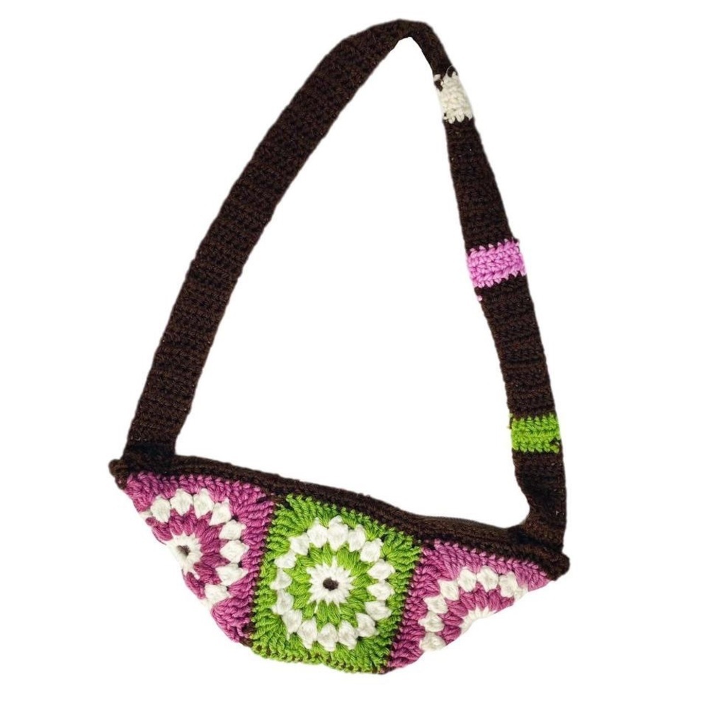 Retro Handmade Green & Pink Granny Square Floral Crochet Small Crossbody Purse